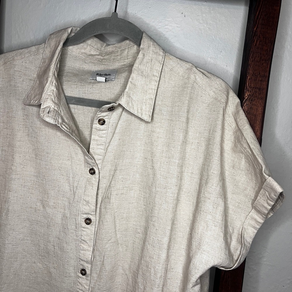 Rhythm Classics Linen Blend Shirt Dress Oatmeal Short Sleeve M Coastal Beach - Picture 3 of 10
